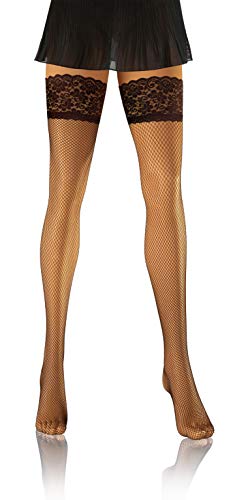 sesto senso Halterlose Netzstrümpfe Spitzenstrümpfe Feinmaschige Strümpfe Spitze XL/XXL Braun Farbe von sesto senso