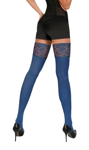 sesto senso Halterlose Strümpfe Blickdicht 40 Den mit Spitze Damen Verstärkt mit Silikonstreifen M/L Marine Blau von sesto senso