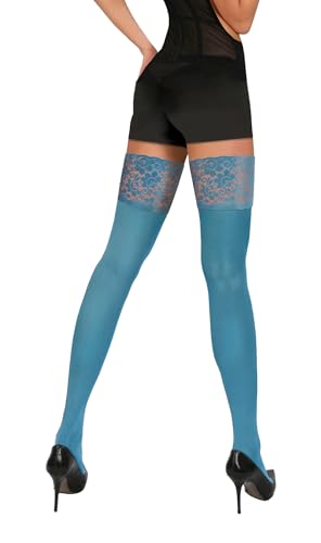 sesto senso Halterlose Strümpfe Blickdicht 40 Den mit Spitze Damen Verstärkt mit Silikonstreifen XL/XXL Petrol Blau von sesto senso