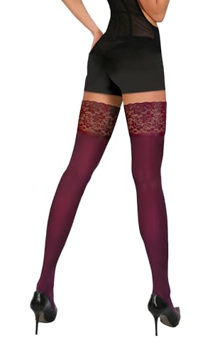 sesto senso Halterlose Strümpfe Blickdicht 40 Den mit Spitze Damen Verstärkt mit Silikonstreifen XS/S Bordo Rotwein von sesto senso