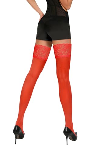 sesto senso Halterlose Strümpfe Blickdicht 40 Den mit Spitze Damen Verstärkt mit Silikonstreifen XS/S Red Rot von sesto senso