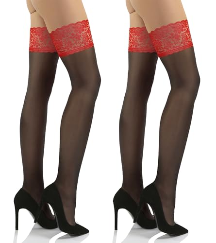 sesto senso Halterlose Strümpfe mit Rote Spitze 2er Pack 15 DEN Feinstrümpfe Damen 3/4 M/L Schwarz Rote von sesto senso