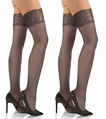 sesto senso Halterlose Strümpfe mit Spitze 2er Pack 15 DEN Feinstrümpfe Damen 3XL/4XL Avana Braun von sesto senso