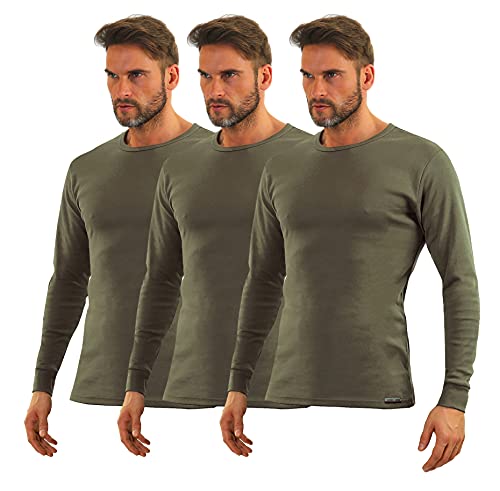 sesto senso Herren Langarm Unterhemden Baumwolle 3er Pack Funktionsunterhemd mit Rundhalsausschnitt Grün L 3 Khaki von sesto senso