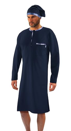 sesto senso Herren Nachthemd mit Schlafmütze Langarm Schlafhemd Schlafanzug Hemd Marine und Kariert Lang XL Dunkelblau von sesto senso