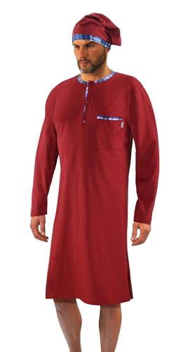 sesto senso Herren Nachthemd mit Schlafmütze Langarm Schlafhemd Schlafanzug Hemd Rotwein und Kariert Lang 3XL Burgund von sesto senso