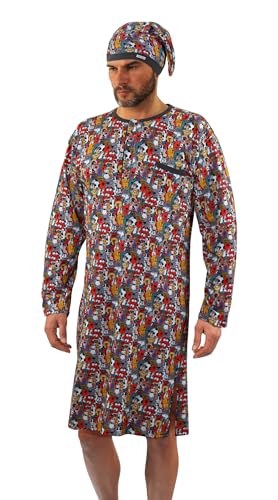 sesto senso Herren Nachthemd mit Schlafmütze Langarm Schlafhemd Tiere Hund Schlafanzug Hemd Lang 3XL Dogs von sesto senso