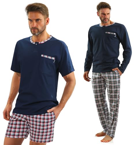 sesto senso Herren Schlafanzug 2er Set Lang und Kurz Herrenpyjama Dunkelblau Baumwolle M Dark Blue von sesto senso