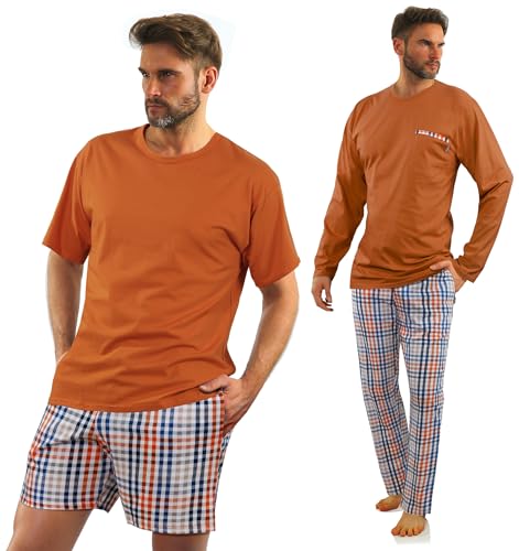 sesto senso Herren Schlafanzug 2er Set Lang und Kurz Herrenpyjama Karamell Braun Baumwolle XL 2527/04 Brown von sesto senso