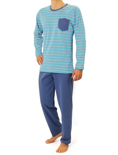 sesto senso Herren Schlafanzug Gestreift Lang Pyjama 100% Baumwolle Langarm Shirt mit Tasche Pyjamahose Nachtwäsche Gestreift Blau 4XL 02 K67ZC von sesto senso