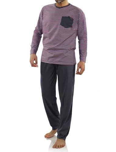 sesto senso Herren Schlafanzug Gestreift Lang Pyjama 100% Baumwolle Langarm Shirt mit Tasche Pyjamahose Nachtwäsche Gestreift Rot XL 02 K67E von sesto senso