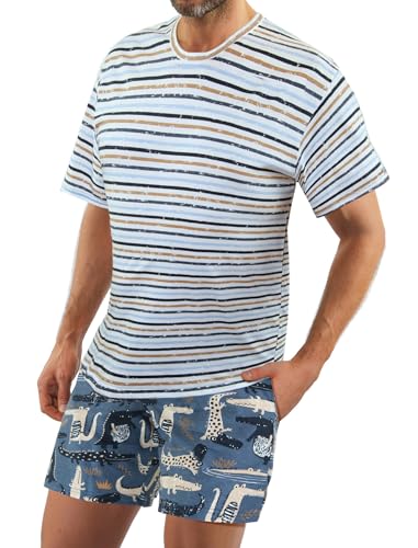 sesto senso Herren Schlafanzug Kurz Blau Baumwolle Sommerpyjamas Kurzarm Nachtwäsche Zweiteiliges Set Dunkelblau Krokodil XXL 2521/14 von sesto senso