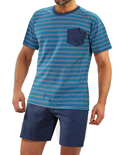 sesto senso Herren Schlafanzug Kurz Gestreift Pyjama Baumwolle Kurzarm T-Shirt Pyjamahose Zweiteilig Set Navy blau L 05 K67ZC von sesto senso