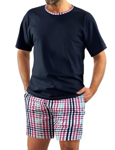 sesto senso Herren Schlafanzug Kurz Kariert Pyjama Baumwolle Kurzarm T-Shirt Pyjamahose Zweiteilig Set Dunkelblau XL 2527/16 von sesto senso
