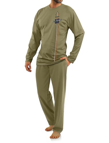 sesto senso Herren Schlafanzug Lang Baumwolle Militär Pyjama Langarm Lange Pyjamahose Set Nachtwäsche M 7538 Olive von sesto senso