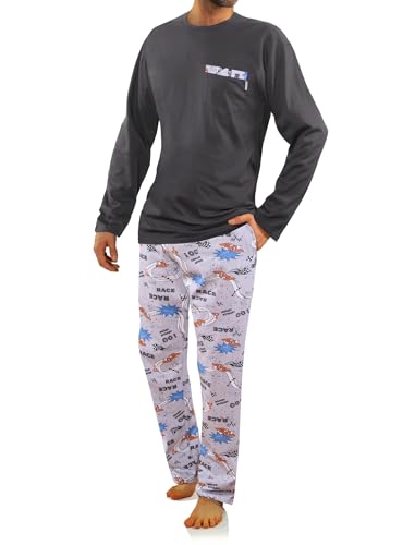 sesto senso Herren Schlafanzug Lang Baumwolle Pyjama Langarm Shirt Pyjamahose mit Tasche M 2660-09 Graphit Rennwagen von sesto senso