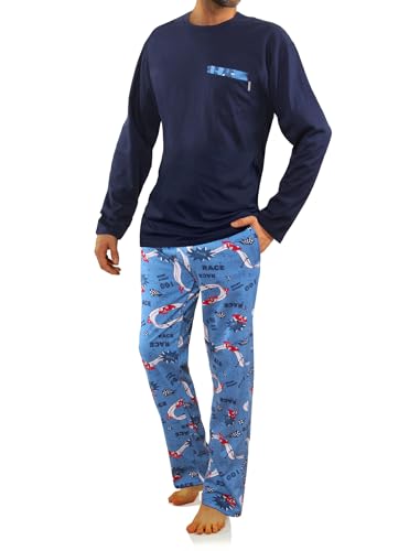 sesto senso Herren Schlafanzug Lang Baumwolle Pyjama Langarm Shirt Pyjamahose mit Tasche M 2660-10 Marineblau Rennwagen von sesto senso