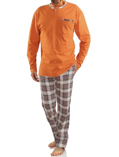 sesto senso Herren Schlafanzug Lang Baumwolle Pyjama Langarm Shirt mit Tasche Pyjamahose Zweiteilig Set Bunt Nachtwäsche 3XL 2576/26 Orange von sesto senso