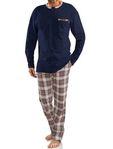 sesto senso Herren Schlafanzug Lang Baumwolle Pyjama Langarm Shirt mit Tasche Pyjamahose Zweiteilig Set Bunt Nachtwäsche L 2576/26 Dunkel Blau von sesto senso