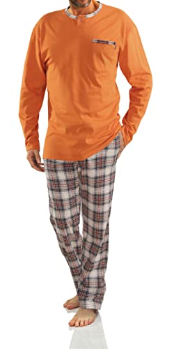sesto senso Herren Schlafanzug Lang Baumwolle Pyjama Langarm Shirt mit Tasche Pyjamahose Zweiteilig Set Bunt Nachtwäsche M 2576/26 Orange von sesto senso
