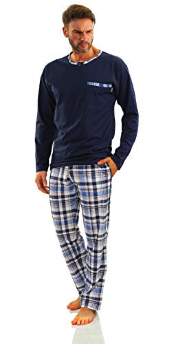 sesto senso Herren Schlafanzug Lang Pyjama 100% Baumwolle Langarm Shirt mit Tasche Pyjamahose Zweiteilig Set Nachtwäsche Dunkelblau Blau Kariert 3XL Jasiek 2188/17 von sesto senso