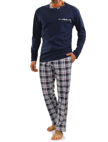 sesto senso Herren Schlafanzug Lang Pyjama 100% Baumwolle Langarm Shirt mit Tasche Pyjamahose Zweiteilig Set Nachtwäsche Dunkelblau Kariert 3XL Jasiek 2188/06 von sesto senso