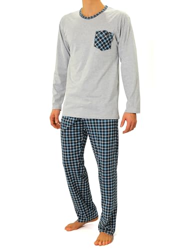 sesto senso Herren Schlafanzug 3XL Lang Pyjama 100% Baumwolle Langarm Shirt mit Tasche Pyjamahose Zweiteilig Set Nachtwäsche Grau Kariert Blau Türkis 3XL 04 TURKUS von sesto senso
