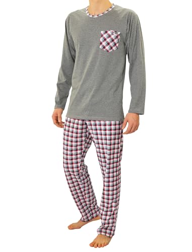 sesto senso Herren Schlafanzug 3XL Lang Pyjama 100% Baumwolle Langarm Shirt mit Tasche Pyjamahose Zweiteilig Set Nachtwäsche Grau Rot Kariert 3XL 04 Bordo von sesto senso