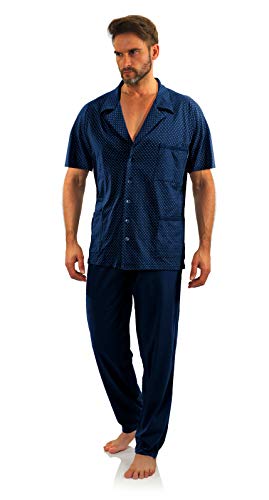 sesto senso Herren Schlafanzug mit Knopfleiste Kurzarm Baumwolle Lange Pyjamahose Pyjama Knöpfen XL Anker Dunkleblau von sesto senso
