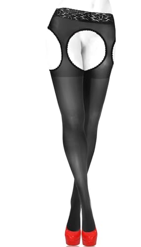 sesto senso Hosenträger Strumpfhose mit offenem Schritt 15 Den Spitze Strumpfband Gürtel Strümpfe 4 L Schwarz von sesto senso