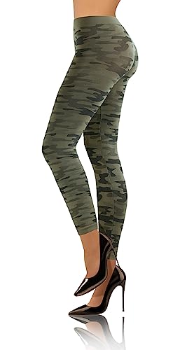 sesto senso Leggings Damen Camouflage Nahtlos Microfaser Lang Fitnesshose Sporthose Yoga L/XL Long Khaki Grün von sesto senso