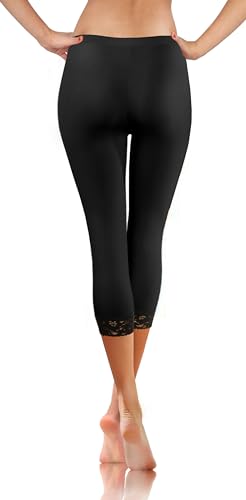 sesto senso Leggings mit Spitze Damen Schwarz Capri 7/8 Baumwolle L Black von sesto senso