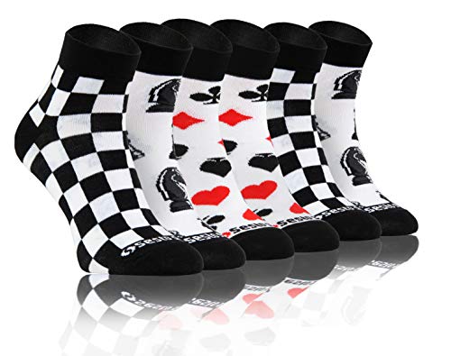sesto senso Lustige Bunte Kurze Socken 3 Pack Süße Sneakersocken Baumwolle Schach Spielkarten 35-38 3 Spielen & Spaß von sesto senso
