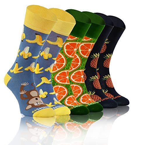 sesto senso Lustige Bunte Verrückt Socken Baumwolle Damen Herren 3 Pack Gemusterte Ungleiche Funny Socks Oddsocks Banane Ananas Wassermelone 43-46 3 Früchte von sesto senso