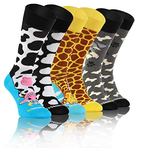 sesto senso Lustige Bunte Verrückt Socken Baumwolle Damen Herren 3 Pack Gemusterte Ungleiche Funny Socks Oddsocks Hund Kuh Giraffe 35-38 3 Tiere von sesto senso