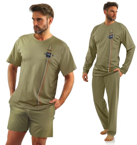 sesto senso Militär Herren Schlafanzug 2er Set Lang und Kurz Herrenpyjama Baumwolle XL 7538 Olive von sesto senso