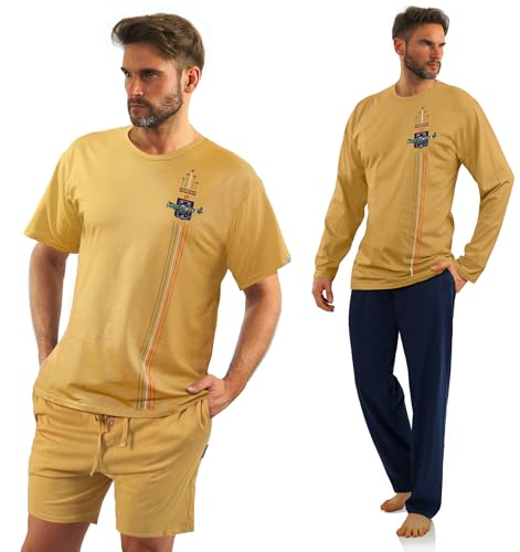 sesto senso Militär Herren Schlafanzug 2er Set Lang und Kurz Herrenpyjama Baumwolle XL 7542 Senffarbe von sesto senso