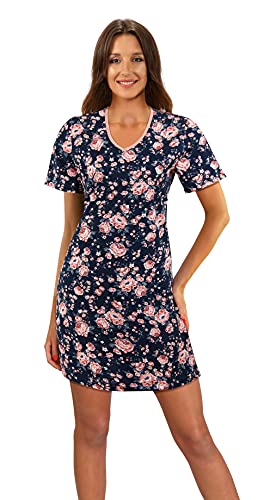 sesto senso Nachthemd Damen Kurzarm Baumwolle Schlafshirt Nachtkleid Nachtwäsche Schlafhemd M 2508-05 Blume Dunkel Blau von sesto senso