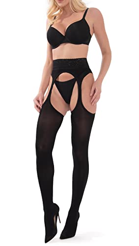 sesto senso Netzstrumpfhose mit Offenem Schritt Hosenträger Strumpfhose 60 Den Strippanty SP_02 S/M Schwarz von sesto senso