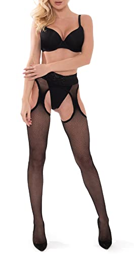 sesto senso Netzstrumpfhose mit Offenem Schritt Hosenträger Strumpfhose Muster Strippanty Nahtstrumpfhose SP_07 S/M Schwarz von sesto senso