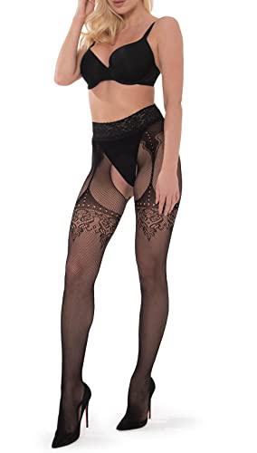 sesto senso Netzstrumpfhose mit Offenem Schritt Hosenträger Strumpfhose Muster Strippanty SP_04 S/M Schwarz von sesto senso