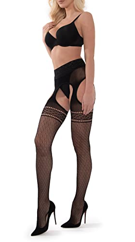 sesto senso Netzstrumpfhose mit Offenem Schritt Hosenträger Strumpfhose Muster Strippanty SP_05 L/XL Schwarz von sesto senso