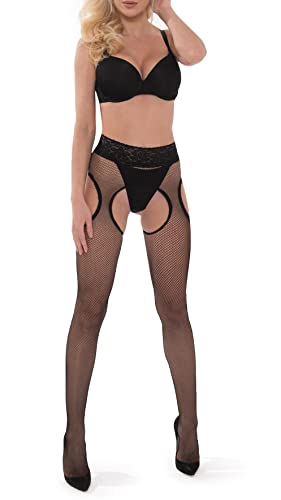 sesto senso Netzstrumpfhose mit Offenem Schritt Hosenträger Strumpfhose Netz fishnet stockings Strippanty SP_03 L/XL Schwarz von sesto senso