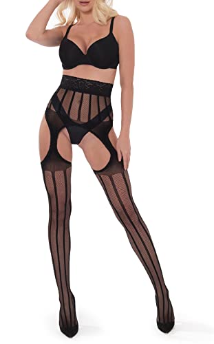 sesto senso Netzstrumpfhose mit Offenem Schritt Hosenträger Strumpfhose gestreift Muster Strippanty SP_06 L/XL Schwarz von sesto senso