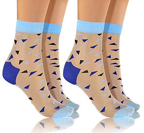sesto senso Nylon Socken Damen Mädchen Muster 2 paar Söckchen Ultra Dünne Beige Blau Dreiecke 2 pack von sesto senso