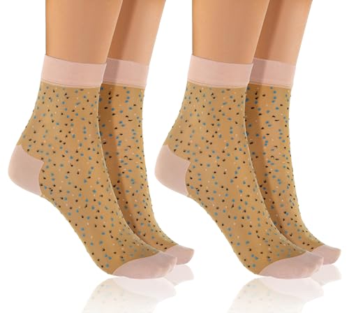 sesto senso Nylon Socken Damen Mädchen Muster 2 paar Söckchen Ultra Dünne Beige Rosa Punkte 2 pack von sesto senso