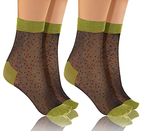 sesto senso Nylon Socken Damen Mädchen Muster 2 paar Söckchen Ultra Dünne Grün Schwarz Punkte 2 pack von sesto senso