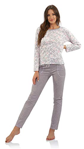 sesto senso Pyjama Damen Langarm Baumwolle Schlafanzug Set Lang Pyjamahose mit Taschen Punkte weiß Blumen XL Agnie L Kropki von sesto senso