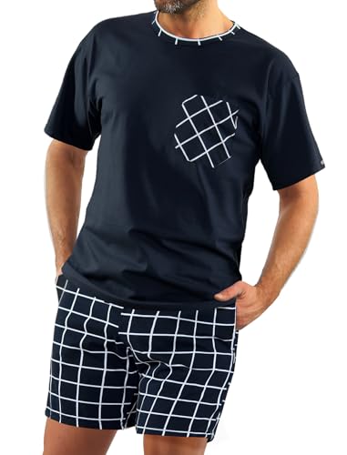 sesto senso Schlafanzug Herren Kurz Dunkelblau Kariert Baumwolle Pyjama Sommer Kurzarm XXL 2024-01 von sesto senso
