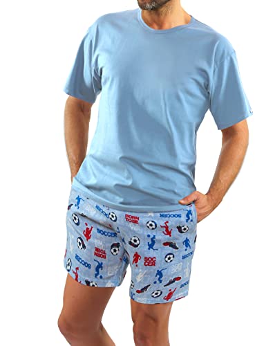 sesto senso Schlafanzug Herren Kurz Fussball Sommerpyjamas Baumwolle Soccer Pyjama Kurzarm Kurze Hose Zweiteilig Set Fußball Sport hellblau Cyan L 2242/09 von sesto senso